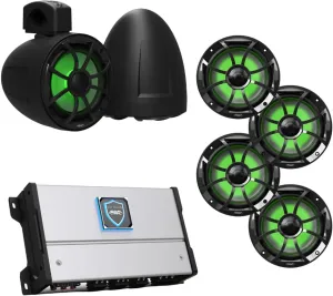 wet sounds HTM-6 6-Channel Full-Range Class-D Amplifier (85W x6 @ 4Ω) with 2 Pairs Recon 6-BG RGB 6.5" Coaxial Speakers & 1 Pair Recon 6 POD-BG Tower Speakers (Black Grilles, RGB Tweeters)