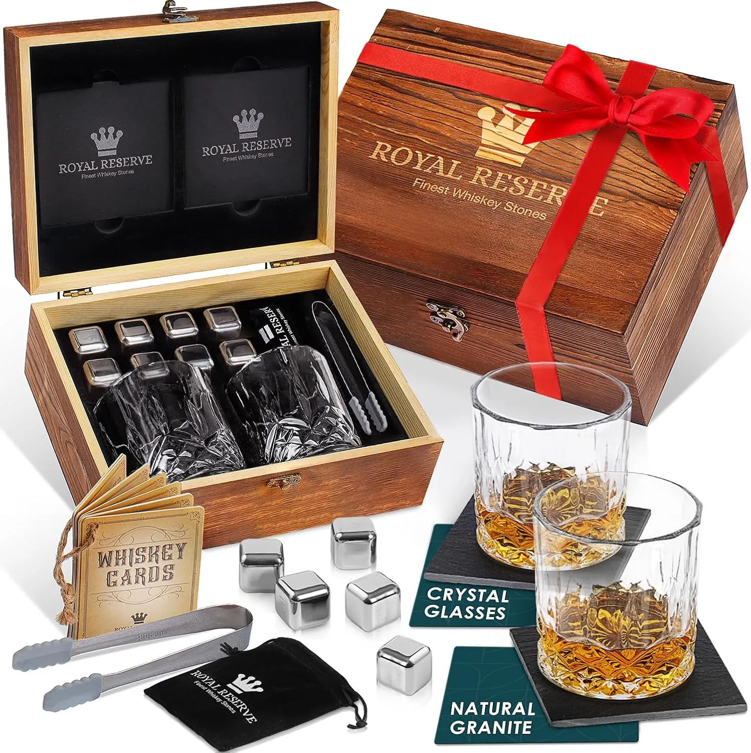 Whiskey Set by Royal Reserve with Whiskey Glasses, Stainless Chilling Stones, Coasters, Tongs - Whiskey Stones Gift Set for Men Husband Dad Boyfriend