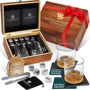 Whiskey Set by Royal Reserve with Whiskey Glasses, Stainless Chilling Stones, Coasters, Tongs - Whiskey Stones Gift Set for Men Husband Dad Boyfriend