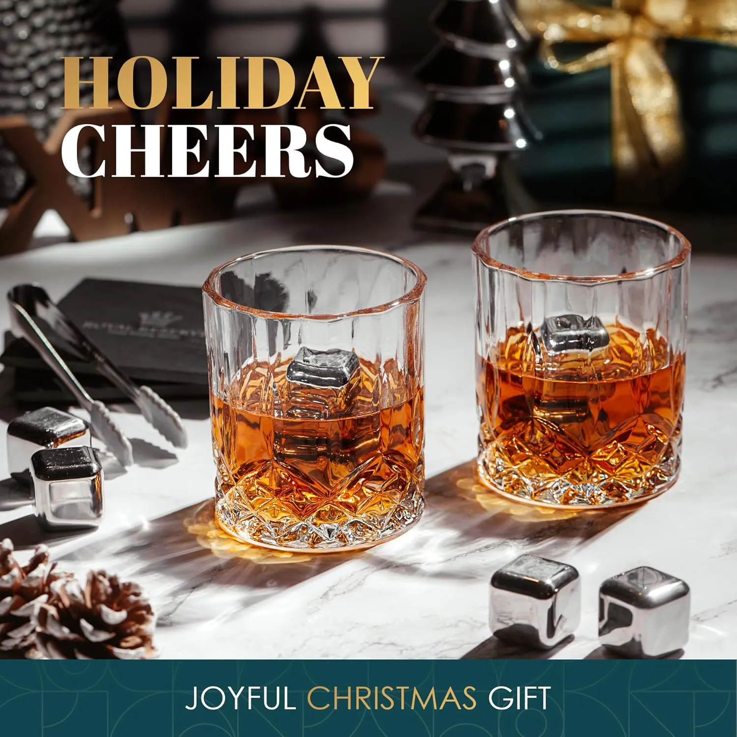 Whiskey Set by Royal Reserve with Whiskey Glasses, Stainless Chilling Stones, Coasters, Tongs - Whiskey Stones Gift Set for Men Husband Dad Boyfriend