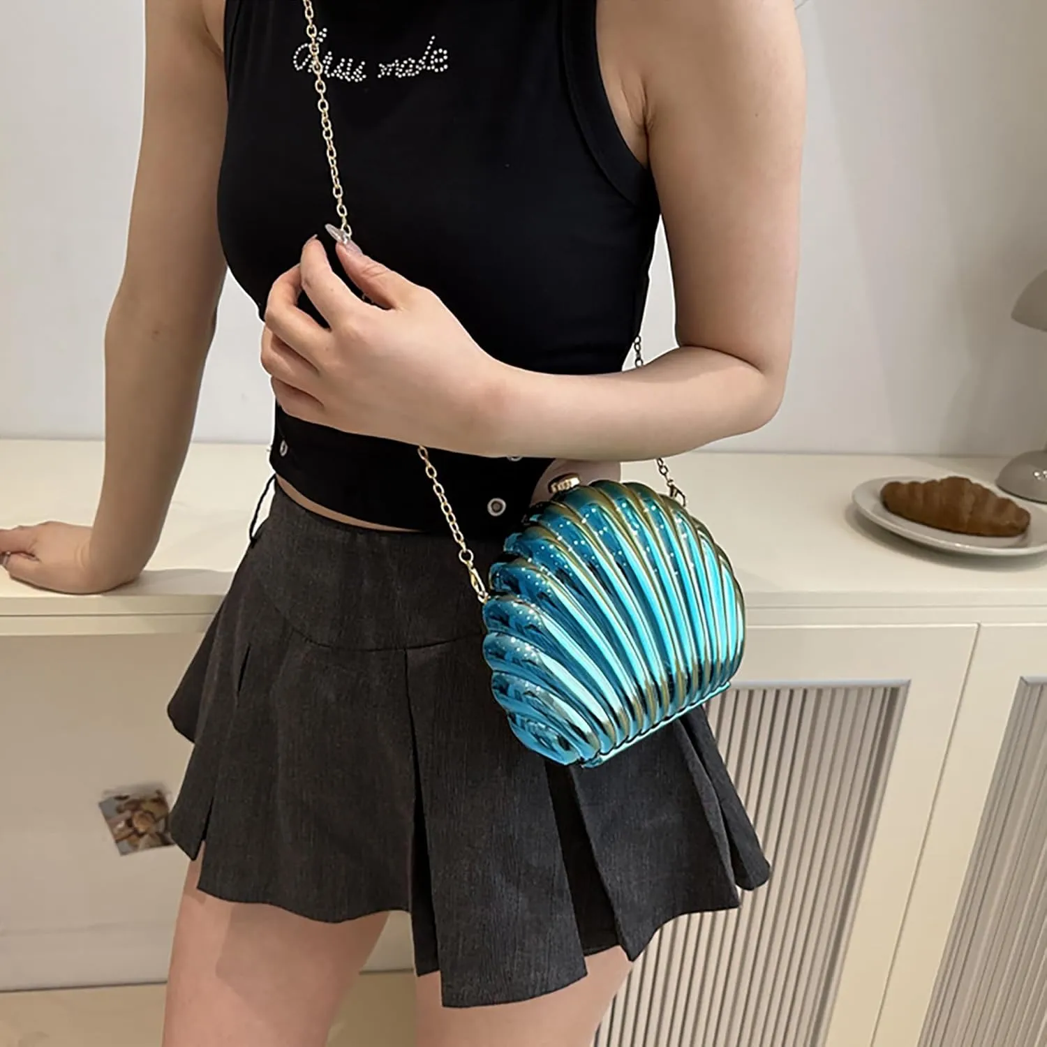 Women Evening Bag Acrylic Clutch Purse Shell Shape Shoulder Cross-body Bag Chain Box Bag