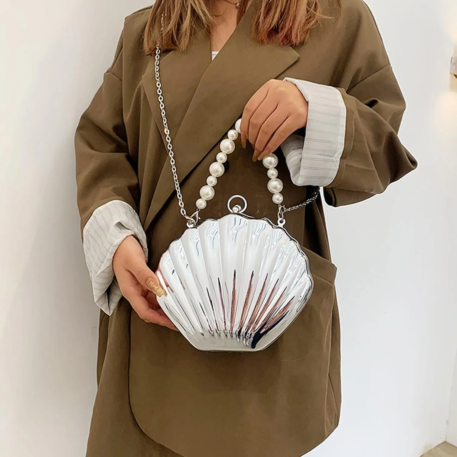 Women Evening Bag Acrylic Clutch Purse Shell Shape Shoulder Cross-body Bag Chain Box Bag