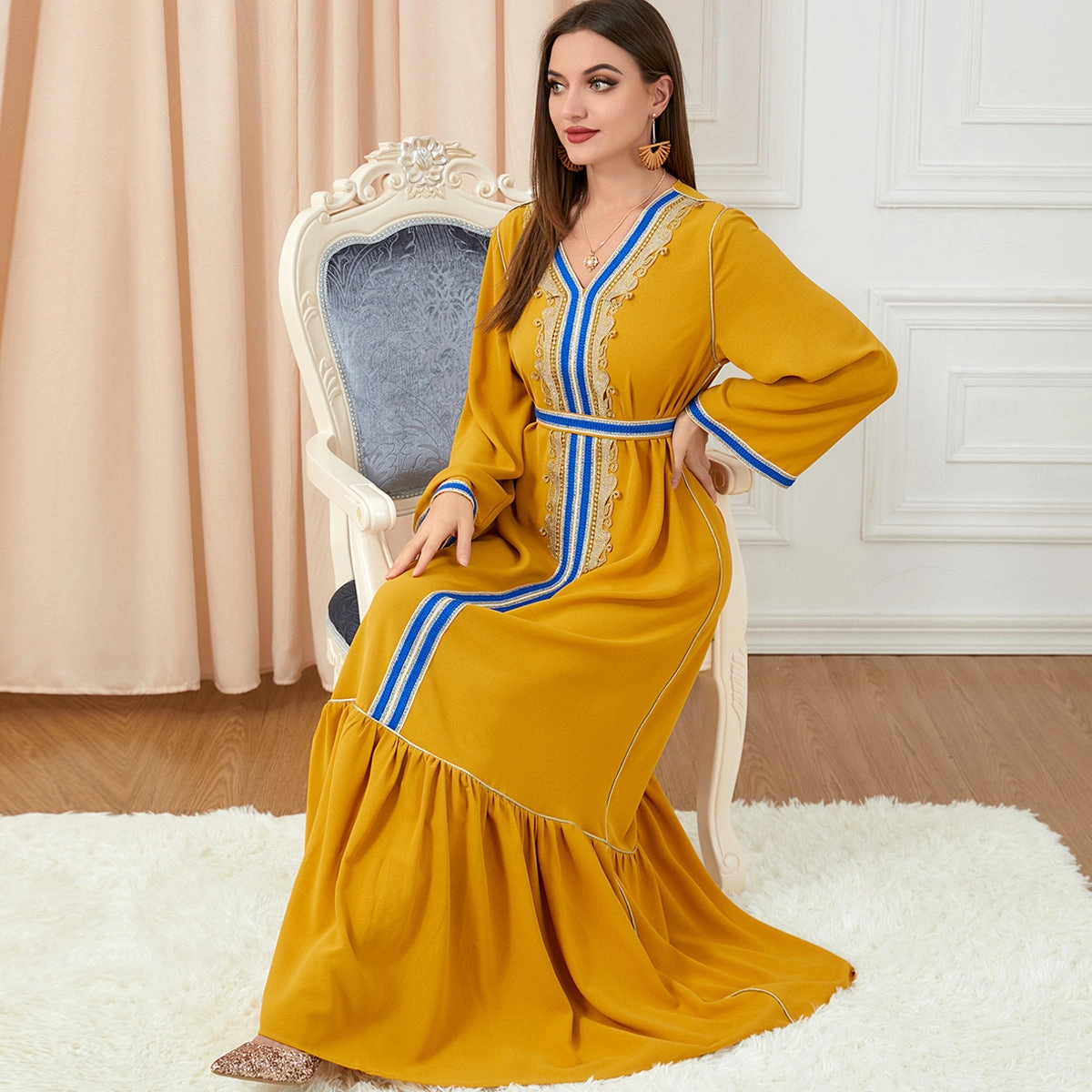 Women's Velvety Blue Long Sleeve Maxi Dress