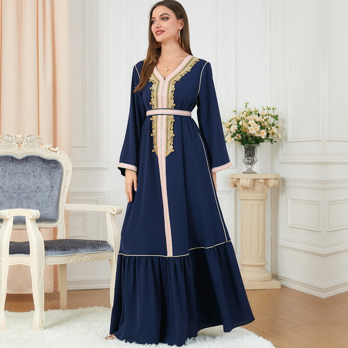 Women's Velvety Blue Long Sleeve Maxi Dress