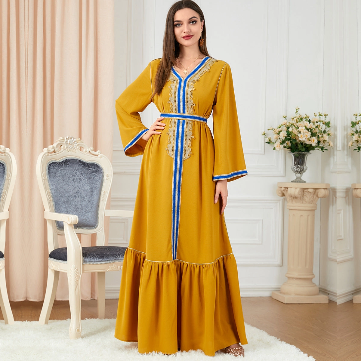 Women's Velvety Blue Long Sleeve Maxi Dress