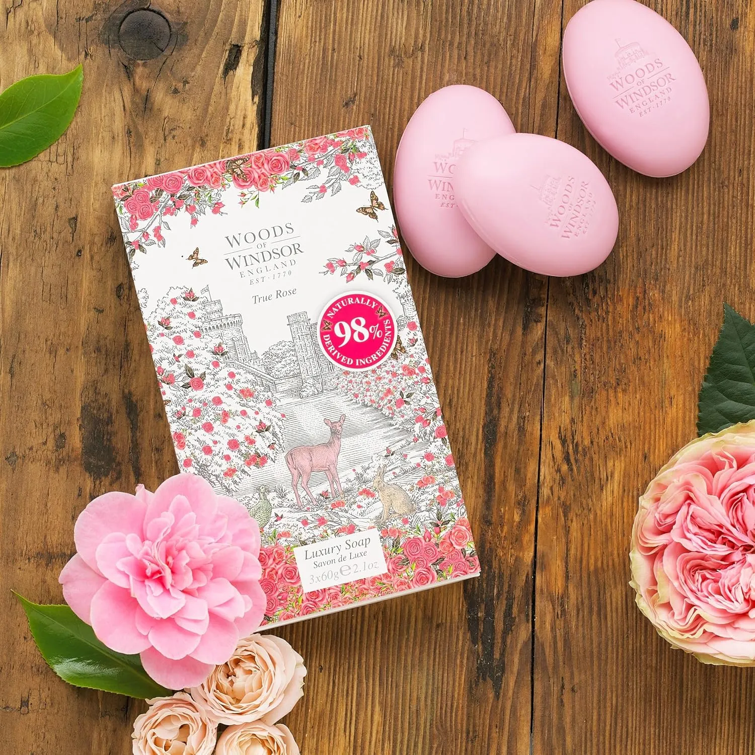 Woods of Windsor Rose Soap Bars, Moisturizing Soap Bar with Shea Butter, Vegetable Based Fine Milled Soap with Notes of Violet Leaf and Rose Otto, Hand and Body Soap, True Rose Scent 3 x 60g