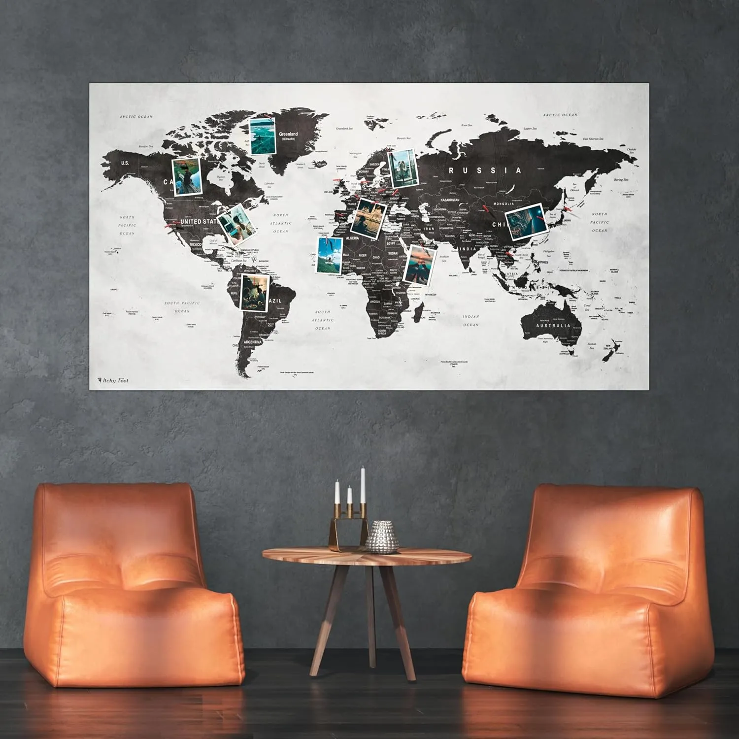 World Map XXL 51 x 28 inches, Fleece Wall Hanging as Travel Pin Board in Modern Wall Art Design, 20 Flag Push Pins Included