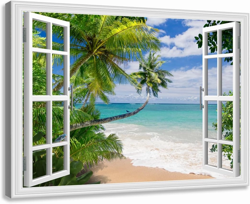 Woxfcart Beach Picture Canvas Wall Art Fake Open Window Ocean Scene Nature Landscape for Blue Teal Home Decor 36 x 24
