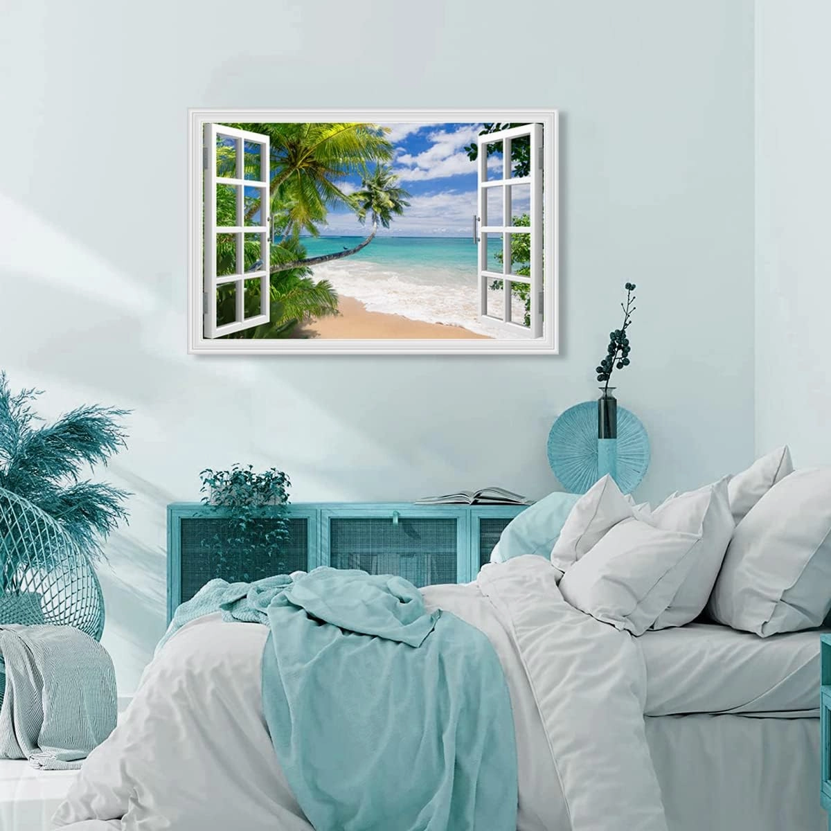 Woxfcart Beach Picture Canvas Wall Art Fake Open Window Ocean Scene Nature Landscape for Blue Teal Home Decor 36 x 24