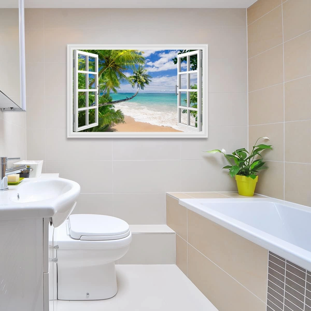 Woxfcart Beach Picture Canvas Wall Art Fake Open Window Ocean Scene Nature Landscape for Blue Teal Home Decor 36 x 24