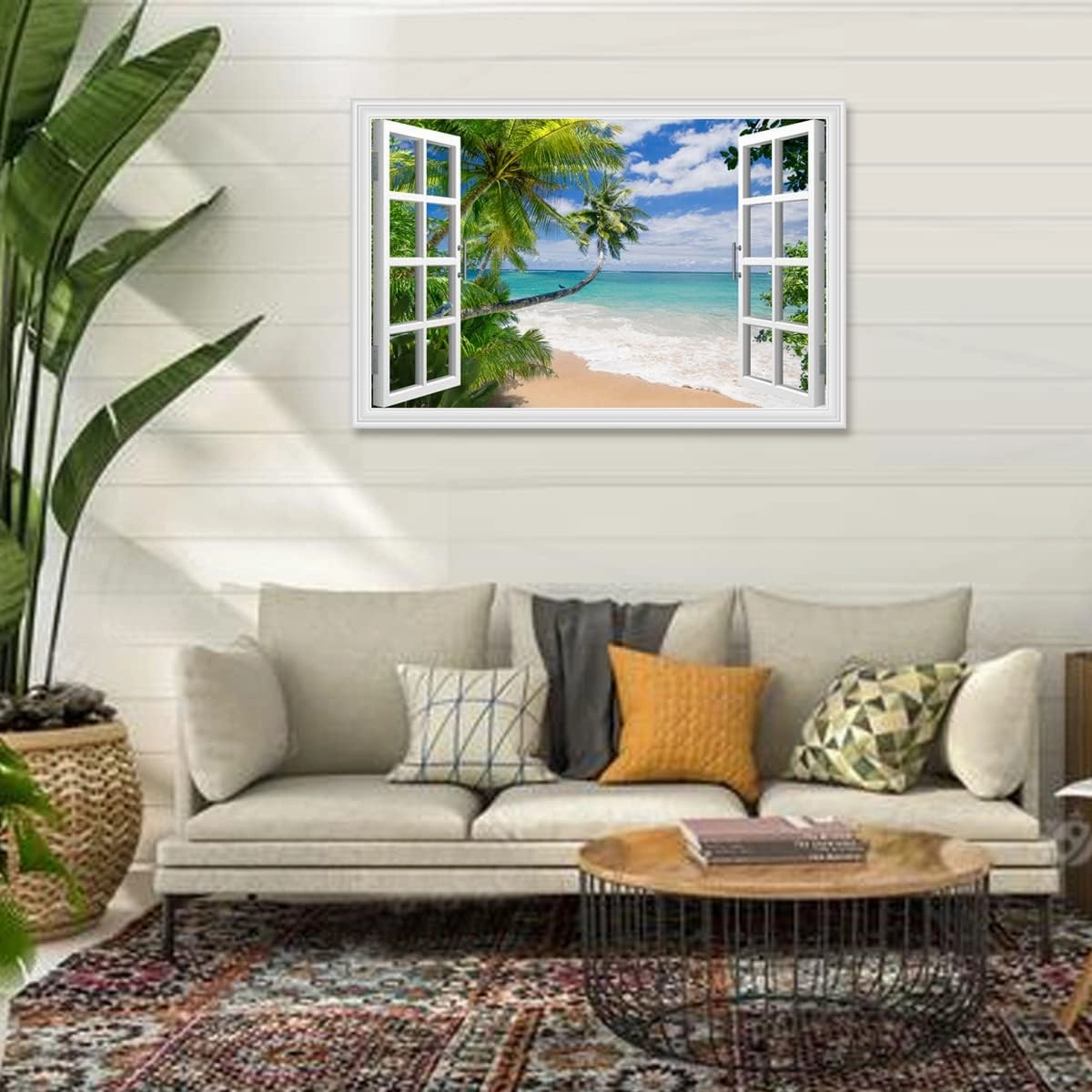 Woxfcart Beach Picture Canvas Wall Art Fake Open Window Ocean Scene Nature Landscape for Blue Teal Home Decor 36 x 24