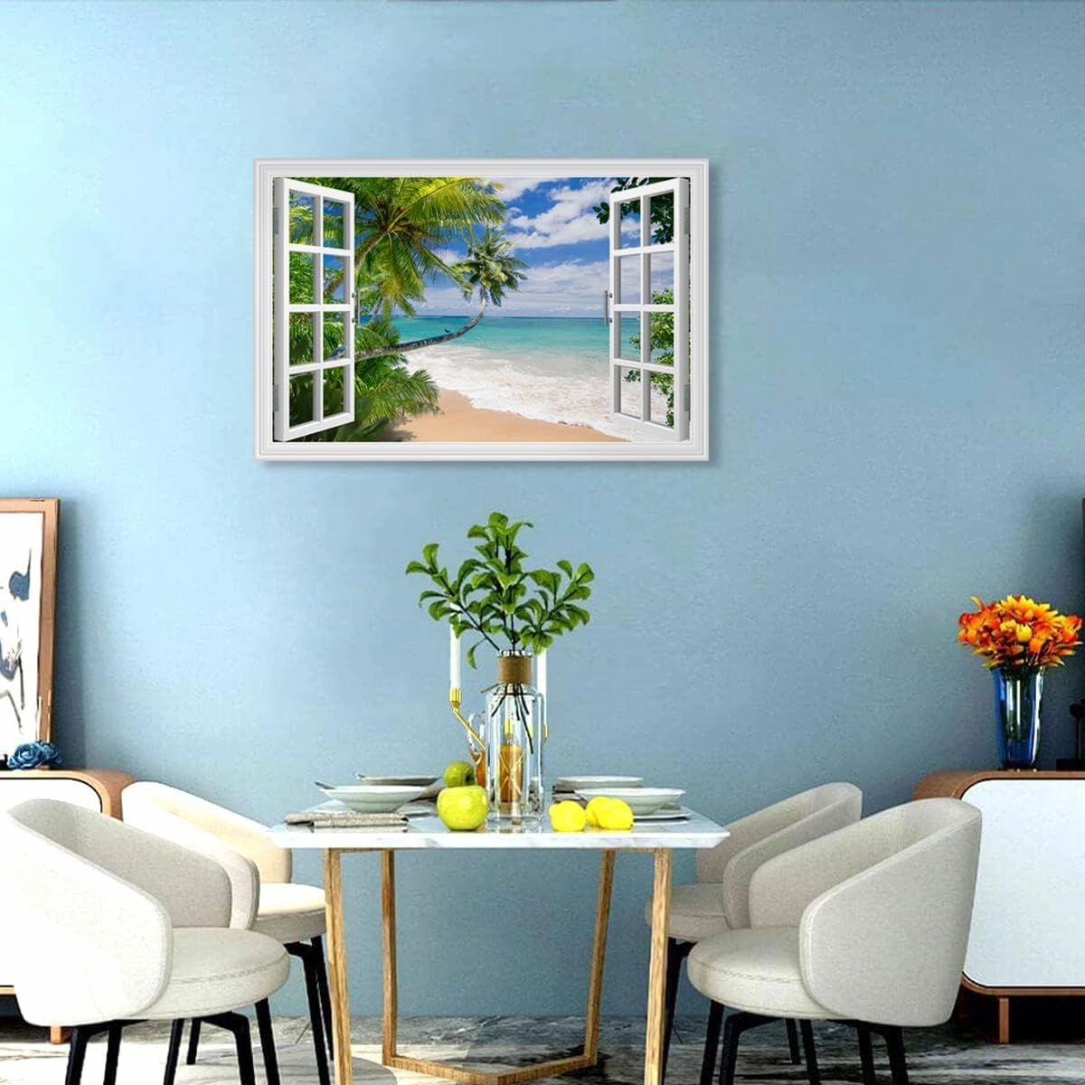 Woxfcart Beach Picture Canvas Wall Art Fake Open Window Ocean Scene Nature Landscape for Blue Teal Home Decor 36 x 24