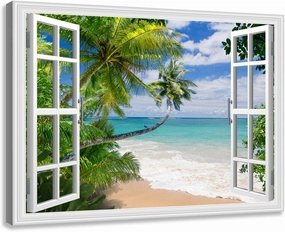 Woxfcart Beach Picture Canvas Wall Art Fake Open Window Ocean Scene Nature Landscape for Blue Teal Home Decor 36 x 24