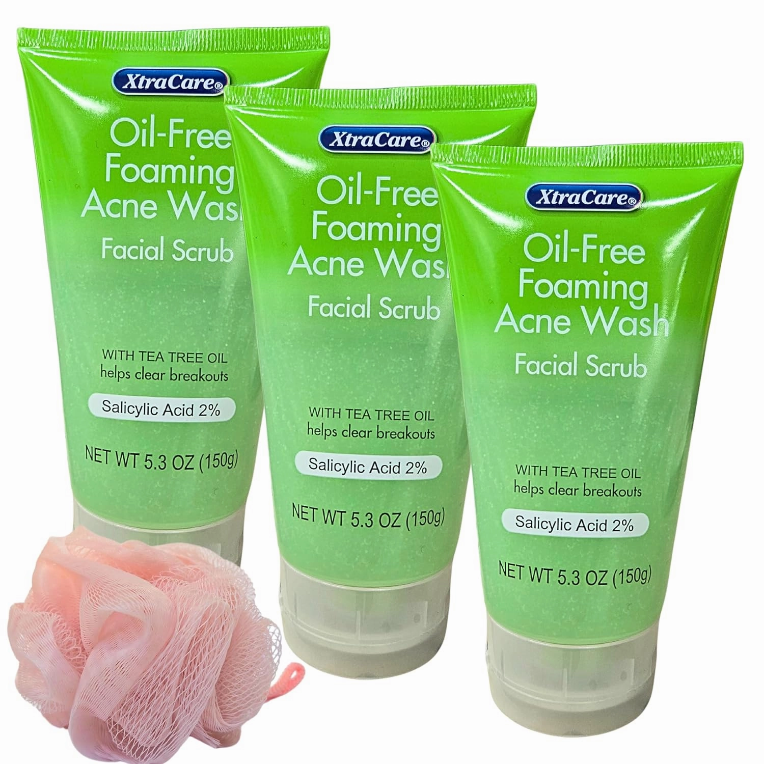 XCar.e Oil-Free Foaming Acne Face Wash, 5.3 oz, Tea Tree Oil & 2% Salicylic Acid, Pack of 3 with Free Loofah (Random Color)