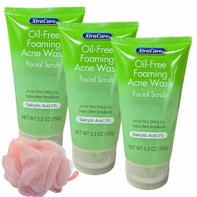 XCar.e Oil-Free Foaming Acne Face Wash, 5.3 oz, Tea Tree Oil & 2% Salicylic Acid, Pack of 3 with Free Loofah (Random Color)