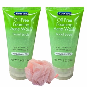 XtraCar.e Oil-Free Foaming Acne Face Wash, 2% Salicylic Acid, Tea Tree Oil, 5.3 oz, Pack of 2 with Free Loofah (Random Color)