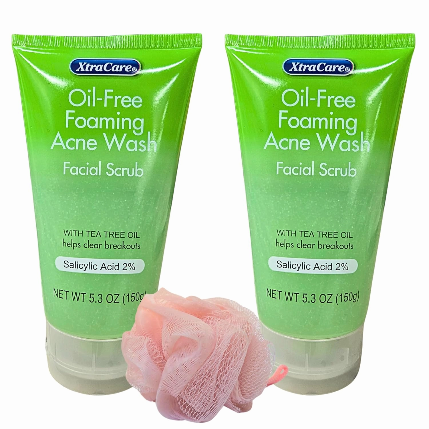 XtraCar.e Oil-Free Foaming Acne Face Wash, 2% Salicylic Acid, Tea Tree Oil, 5.3 oz, Pack of 2 with Free Loofah (Random Color)