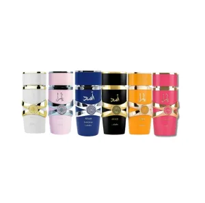 Yara Collection 6 Piece Set Eau De Parfum Spray for Unisex - Pink, Moi, Tous, Candy (3.4 Ounce Each), Asad, and Asad Zanzibar