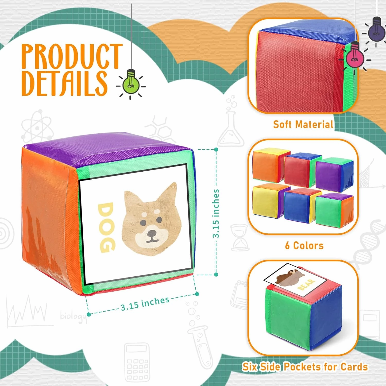 Yilloog 8 Pcs 3.15 Inch DIY Photo Pocket Dice for Classroom Large Clear Foam Dice Education Playing Game Cubes Set 6 Sided Stacking Blocks Teacher Teaching Cubes Toys for School (Multicolor)